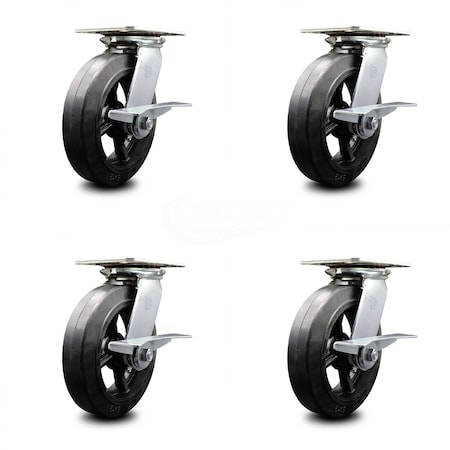 8 Inch Heavy Duty Rubber On Steel Caster Set With Ball Bearings And Brakes SCC